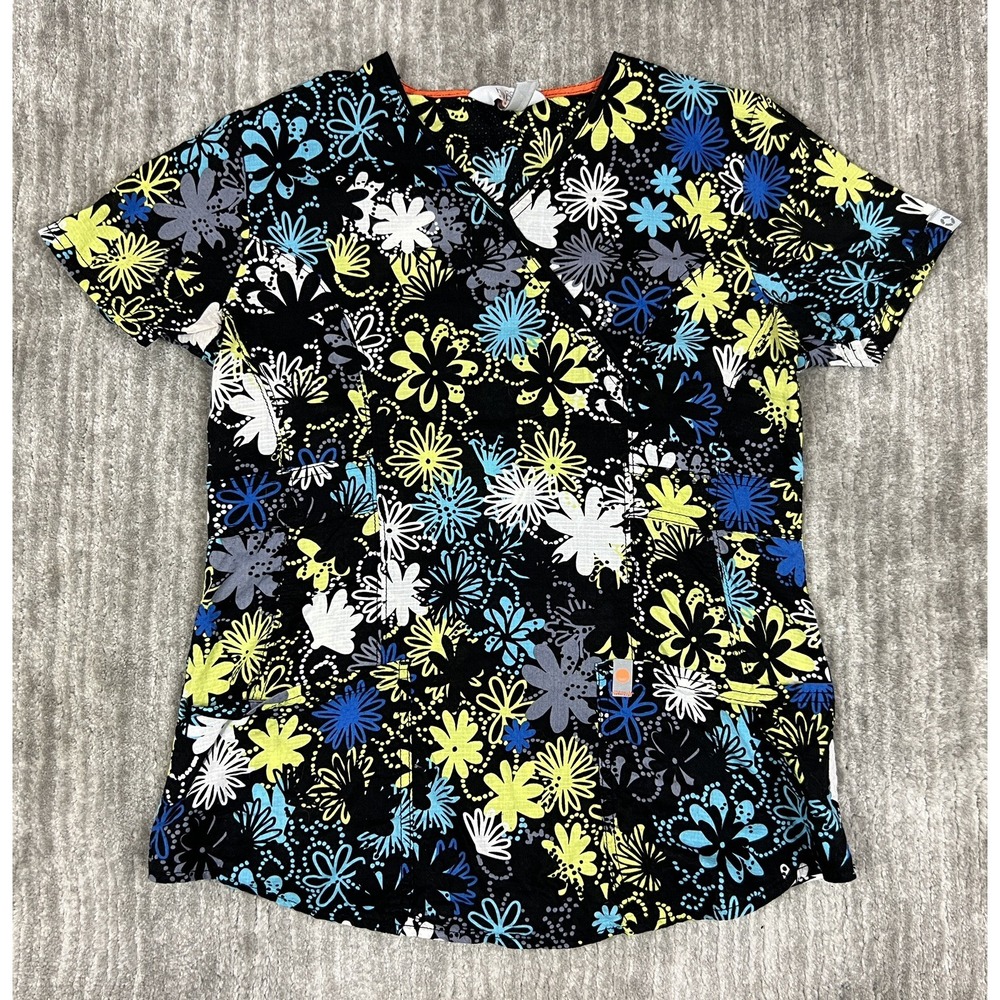 Code Happy Scrub Top Womens XS Black Floral Daisy Mock Wrap V-Neck 46612A Cotton